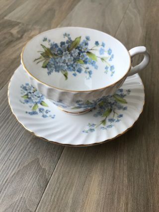Staffordshire Fine Bone China Teacup & Saucer White Blue Flowers