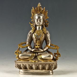 Chinese Antique Tibet Silver Gilt Carved Figure Of Buddha Statue