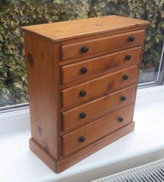 Vintage Charming Miniature Solid Pine Chest Of Five Drawers Forjewellery Box