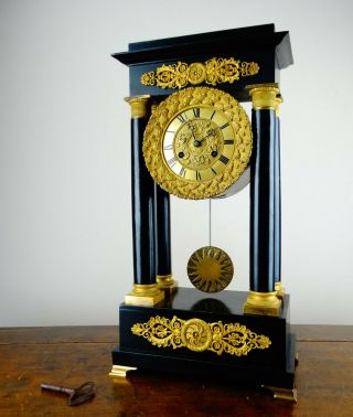 Antique French Empire Portico Mantel Clock Ebonised Bronze Ormolu Napoleon Iii