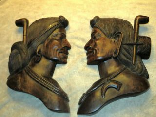 2 Wooden Carved Indian Head Wood Wall Plaques