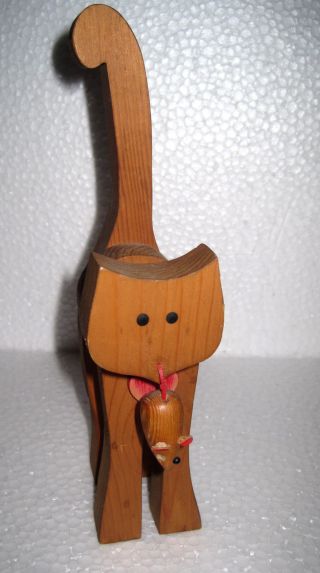 Wooden Kitten Kitty Cat Mouse In Mouth Folk Art Articulated Wood Craft Hand Made