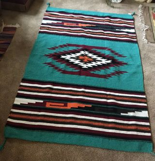El Paso Saddle Blanket Co Southwestern Navajo Style Rug 44”x 7” Turquoise/multi