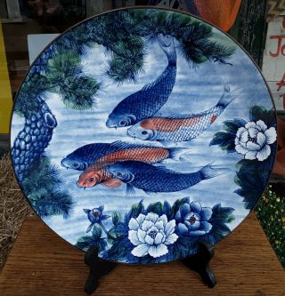 Japanese Sun Ceramics Koi Fish Lotus Decorative Blue Large Platter Plate 12.  5