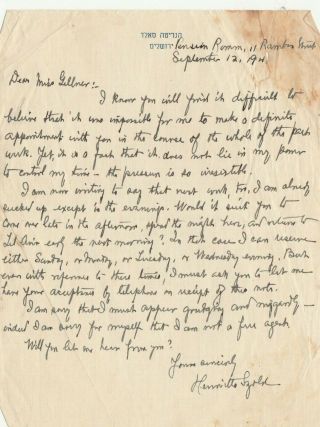 Judaica Henrietta Szold Autograph On An Official Paper,  Letter,  Palestine 1941