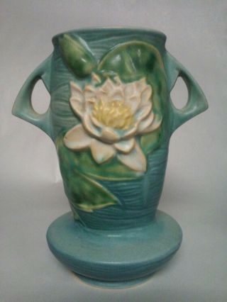 Vintage Blue Roseville Pottery Vase Water Lily 75 - 7 Double Handles