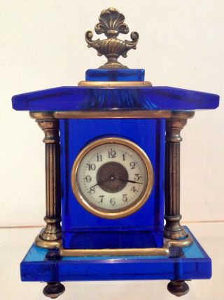 Rare Art Deco Blue Glass & Bronze Columns Mantle Clock
