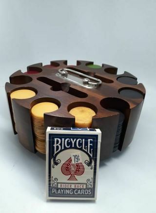 Vintage Bakelite Poker Chip Set And Wood Carousel Caddy 300,  Chips & Cards