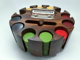 Vintage Bakelite Poker Chip Set And Wood Carousel Caddy 300,  Chips & Cards 2