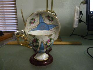 Vintage Tea Cup & Saucer Made In Japan Opalescent Blue Floral Design