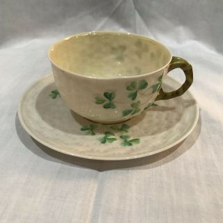Vintage Irish Belleek Basket Weave Shamrock Pattern Tea Cup & Saucer Green Mark