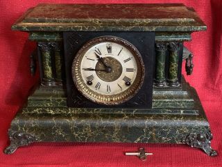 Lg Antique Sessions Adamantine 8 Day Mantle Clock T & S Running