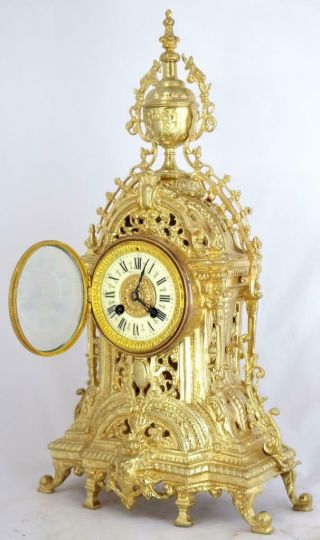 Antique French Mantle Clock 1878 Pierced 8 Day Gilt Rococo Bronze