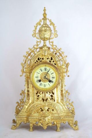Antique French Mantle Clock 1878 Pierced 8 day Gilt Rococo Bronze 2