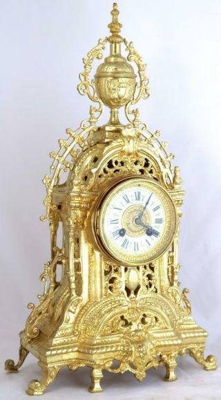 Antique French Mantle Clock 1878 Pierced 8 day Gilt Rococo Bronze 3