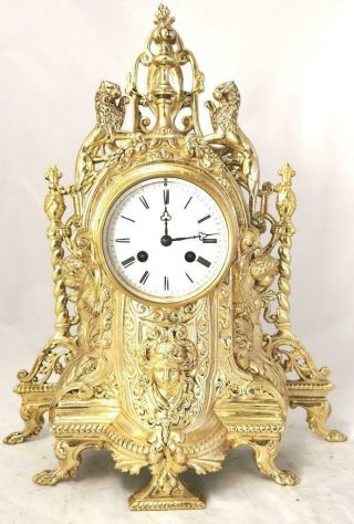 Large Antique French Mantle Clock Stunning 1870 Figural 8 Day Gilt Bronze