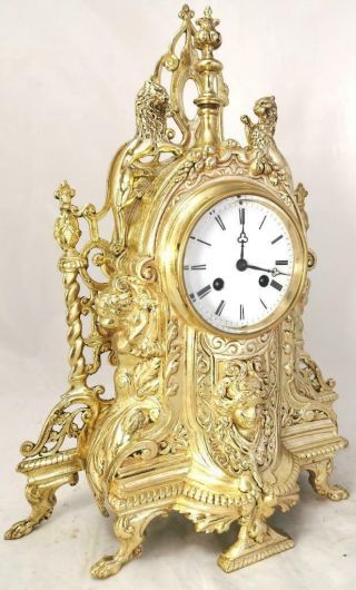 Large Antique French Mantle Clock Stunning 1870 Figural 8 day Gilt Bronze 2