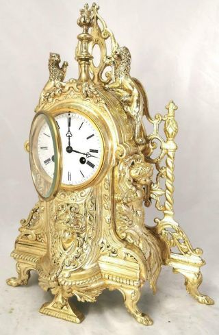 Large Antique French Mantle Clock Stunning 1870 Figural 8 day Gilt Bronze 3