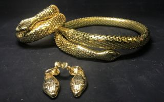 Vintage Whiting Davis Co Gold Tone Snake Choker Bracelet & Screw On Earring Set