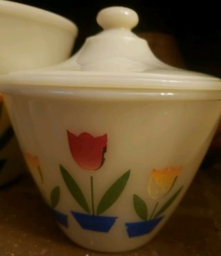 Fire King Oven Ware Tulips Grease Jar Bowl Vintage With Lid Milk Glass