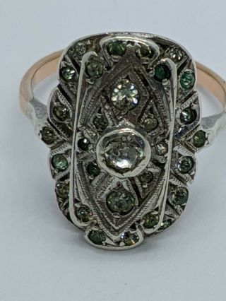 Vintage Art Deco 9ct Rose Gold & Silver Green/clear Paste Table Plaque Ring