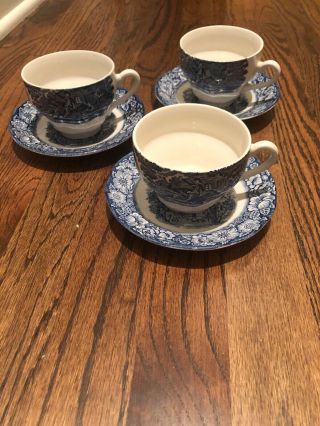 3 Vintage Liberty Blue Tea Cups And Saucers