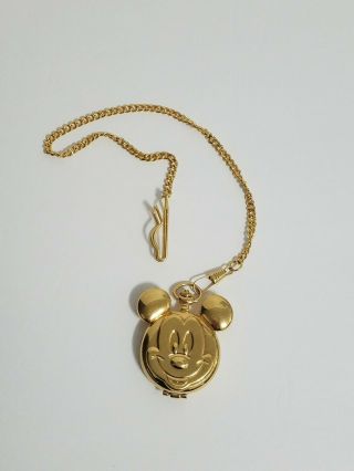 Vintage Lorus Disney Mickey Mouse Gold Tone Pocket Watch W/ Chain Mov 