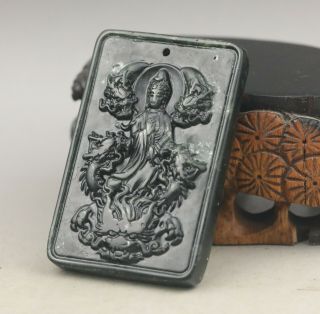 Old Chinese Natural Jade Hand - Carved Buddha Guanyin Double Dragon Pendant