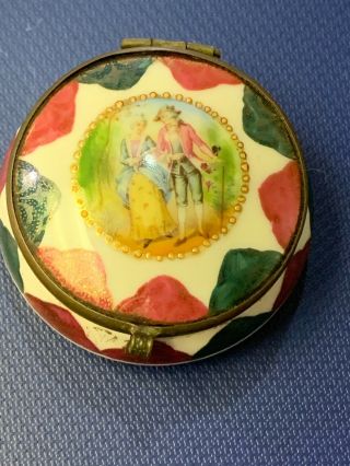 Hinged Antique French Hand Painted Porcelain Trinket Box With Brass Ribbon Trim
