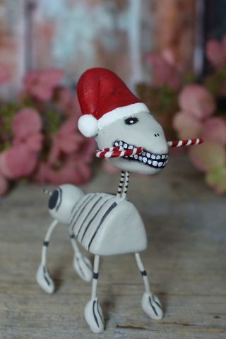 Day Of The Dead Christmas Dog With Candy Cane In Mouth Handmade Mexican Folk Art