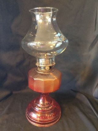Vintage Red 12 Sided Glass Kerosene Oil Lamp Lantern Base And Ornate Glass Flue
