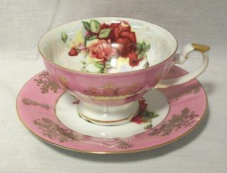 667 - Royal Halsey Roses Pattern Iridescent Tea Cup & Saucer,  Pink W/gold Trim