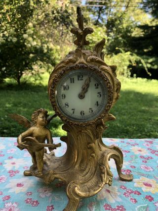 Antique Haven Clock Co Usa Ormolu Gilded Angel Mantle Clock