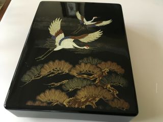 Black Lacquer Box From Japan Vintage With Lucky Hand Painted Cranes
