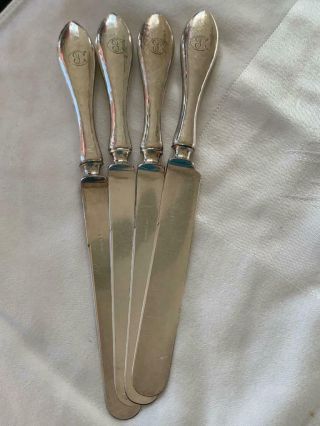 4 Vintage Shreve Sterling Silver Hammered Dinner Knives Blunt Stainless Blade