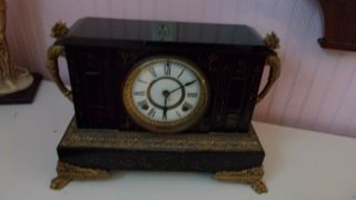 Antique Ansonia Iron Case Mantel Clock Dragon Handles 1880’s
