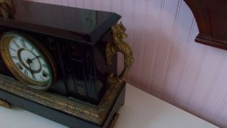 Antique Ansonia Iron Case Mantel Clock Dragon Handles 1880’s 2