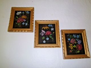 Vintage Small Floral Paintings On Velvet Set Of Three | Gold Wooden Frames
