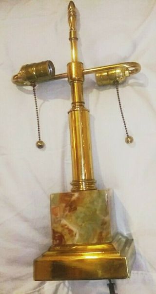 Vtg Brass Double Bankers Lamp W Alabaster Base No Shade
