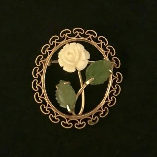 Krementz Carved White Coral Rose With Jade Leaves Pin Brooch Vintage Signed