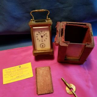 1900’s Antique French Carriage Mantel Desk Clock With Alarm Key Case