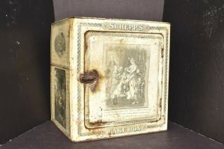 Antique French Victorian Cream Schepps Metal Lithograph Cake Bread Box Tin Vtg