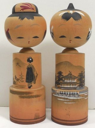Vintage 1962 Set Of 2 Japanese Kokeshi Dolls Wooden Hand Painted Wood Man Woman