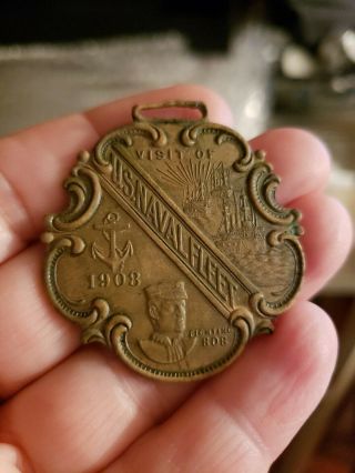 1908 Commemorative Medal Visit Of U.  S.  Naval Fleet,  Scrolled Edges,  Schwaab Co.