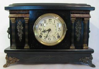 Antique 1909 Sessions Japanned Column Mantle Clock Lion Head Handles Runs