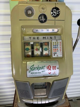 Mills 5 Cent The Las Vegas Slot Machine Vintage w/ Custom Wooden Stand 3