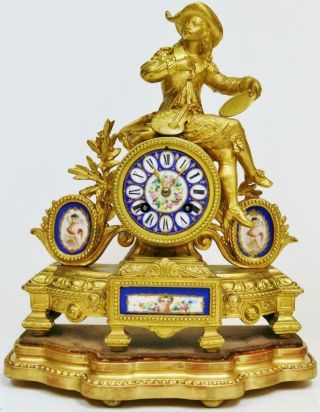 Antique French 8 Day Gilt Metal & Blue Sevres Porcelain Striking Mantel Clock
