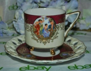 Vtg Tea Cup Saucer Lm Royal Halsey Very Fine Japan Iridescent Red 3 Foot Grecian