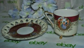 VTG Tea Cup Saucer LM ROYAL HALSEY Very Fine Japan Iridescent RED 3 Foot Grecian 2