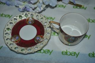 VTG Tea Cup Saucer LM ROYAL HALSEY Very Fine Japan Iridescent RED 3 Foot Grecian 3